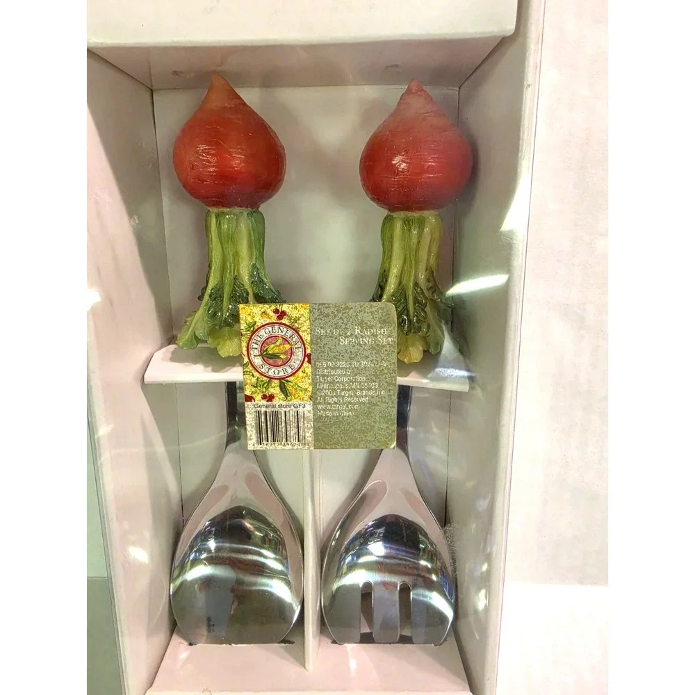 Vintage Radish Ceramic Handle Salad Serving Set Stainless Steel 2pc